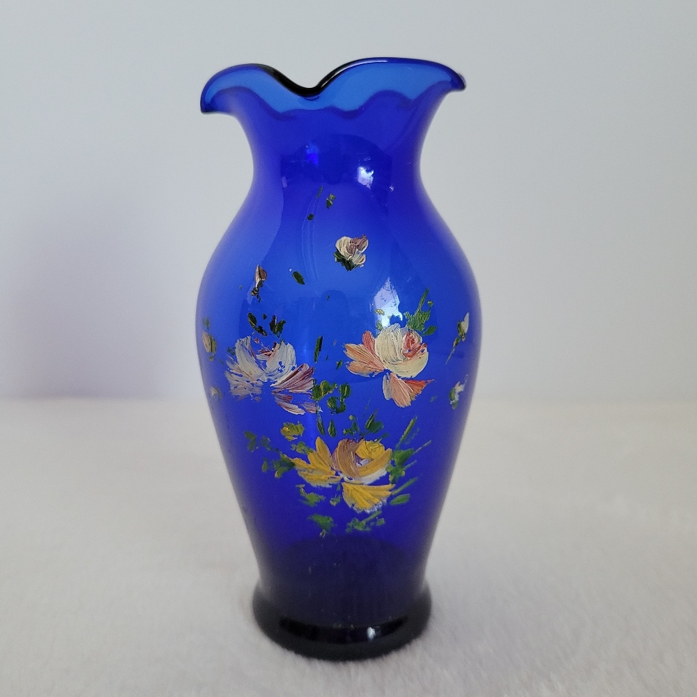 Vintage Blue Glass Hand Painted Floral Bud Vase